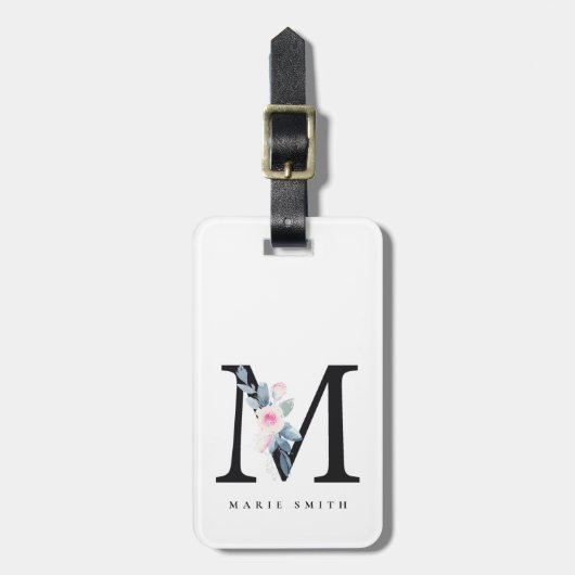 ÉTIQUETTE À BAGAGE ALPHABÈTES FLORAUX BLEUS DOUX NOM LETTRE M (Devant Vertical)