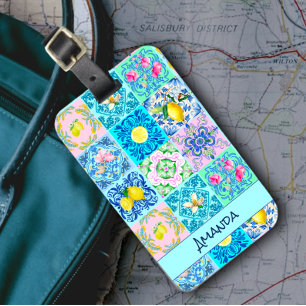 Étiquette À Bagage Amalfi Azulejo Sicilien Turquoise Coloré Été
