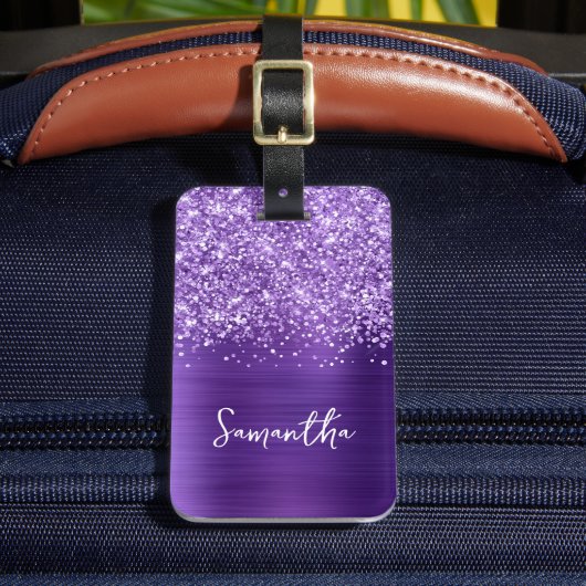 Étiquette À Bagage Améthyste Pailletée Violet Glam Script Nom (Insitu Rectoal 2)