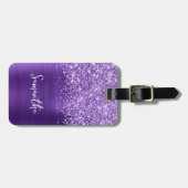 Étiquette À Bagage Améthyste Pailletée Violet Glam Script Nom (Devant horizontal)