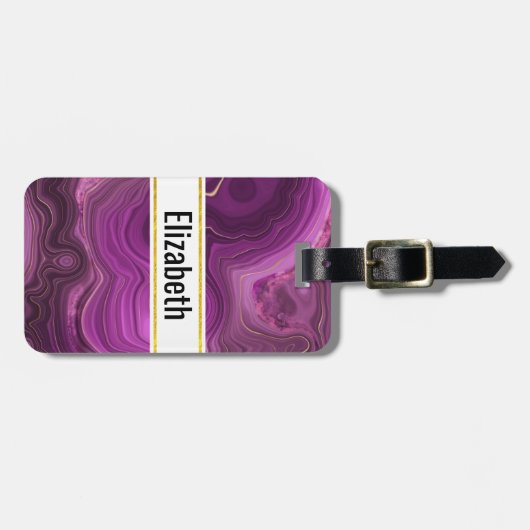Étiquette À Bagage Améthyste Violet Et Agate Abstrait Or (Devant horizontal)