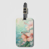 Étiquette À Bagage Amour floral à l'hibiscus blanc pêche tropical (Devant Vertical)