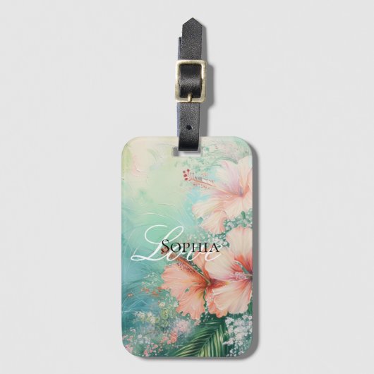 Étiquette À Bagage Amour floral de fleur d'hibiscus blanc pêche tropi (Devant Vertical)