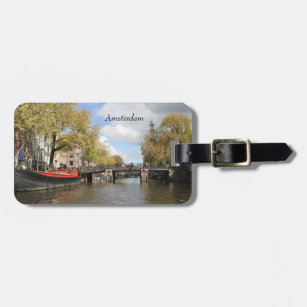 Étiquette À Bagage Amsterdam, Canal, Pont, Ménage, Spire de l'église
