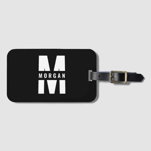 Étiquette À Bagage Amusant Chic Monogramme Nom Initial Noir Blanc (Devant Horizontal)