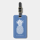 Étiquette À Bagage Ananas blanc chic sur fond bleu (Devant Vertical)