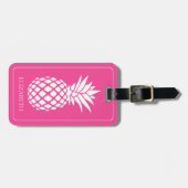 Étiquette À Bagage Ananas blanc chic sur fond rose (Devant horizontal)