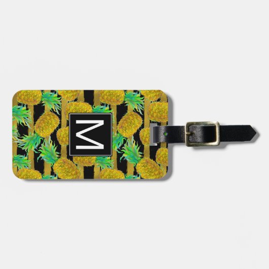Étiquette À Bagage Ananas d'or sur le monogramme des rayures | (Devant horizontal)