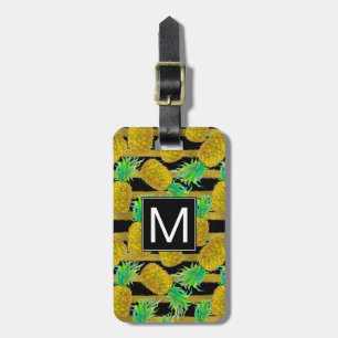Étiquette À Bagage Ananas d'or sur le monogramme des rayures  