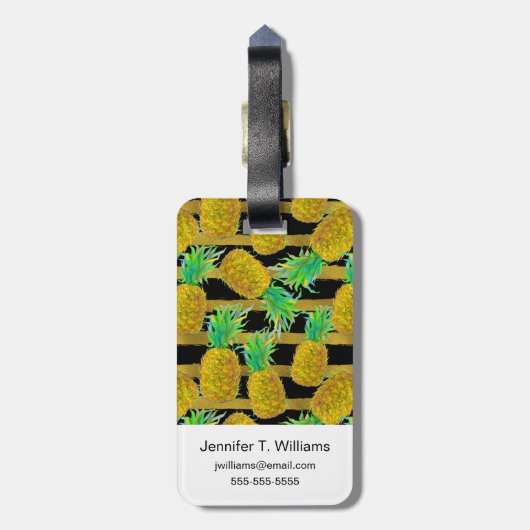 Étiquette À Bagage Ananas d'or sur le monogramme des rayures | (Dos Vertical)