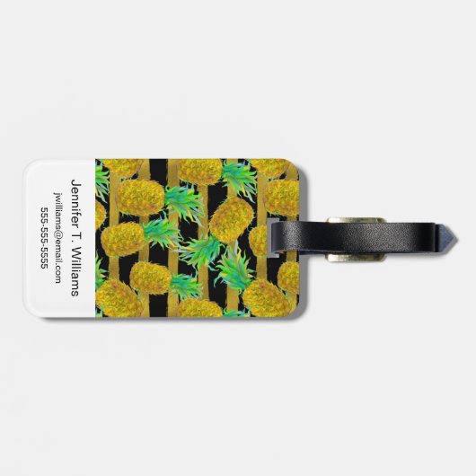 Étiquette À Bagage Ananas d'or sur le monogramme des rayures | (Dos horizontal)