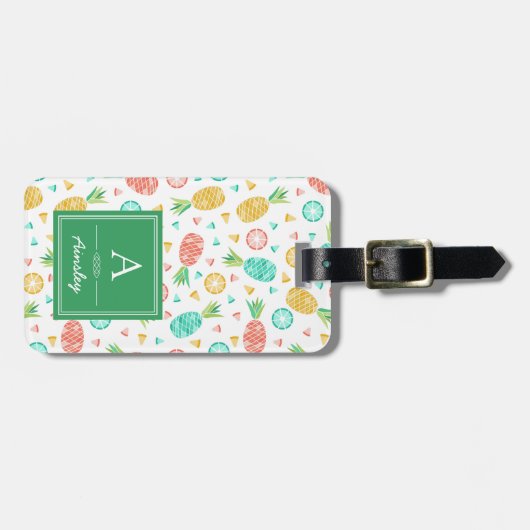 Étiquette À Bagage Ananas| Monogramme vert (Devant horizontal)