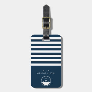 Étiquette À Bagage Ancre de bateau nautique bleu marine Monogramme