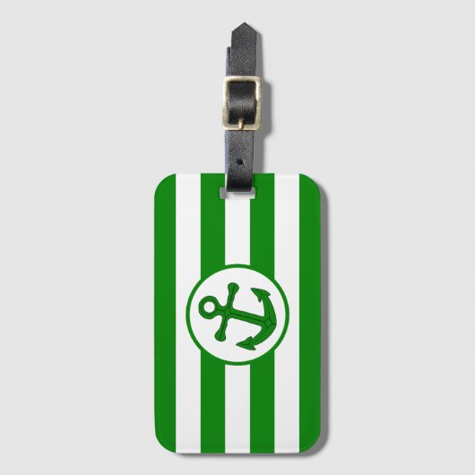 Étiquette À Bagage Ancre Design Vert rayé (Devant Vertical)