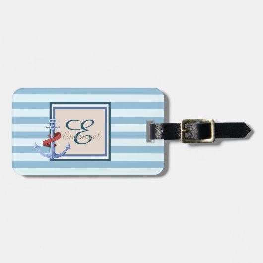 Étiquette À Bagage Ancre Monogramme Rayé Bleu Clair (Devant horizontal)
