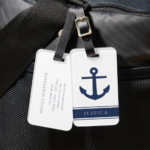 Étiquette À Bagage Ancre Nautione Bleu Marine Nom Personnalisé