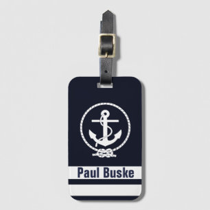Étiquette À Bagage Ancre Nautique Monogramme Bleu Marine