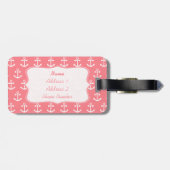 Étiquette À Bagage Ancre nautique rose et blanc monogramme (Dos horizontal)