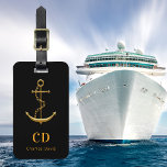 Étiquette À Bagage Ancre noir or nom monogramme<br><div class="desc">Un arrière - plan noir classique. Décoré avec une fausse ancre d'or. Personnalisez et ajoutez vos initiales monographiques et votre nom complet sur le devant. Retour : ajoutez vos coordonnées.</div>
