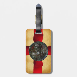 Étiquette À Bagage ANTIQUE ROMAN BRONZE MEDALLION Rouge Ruban