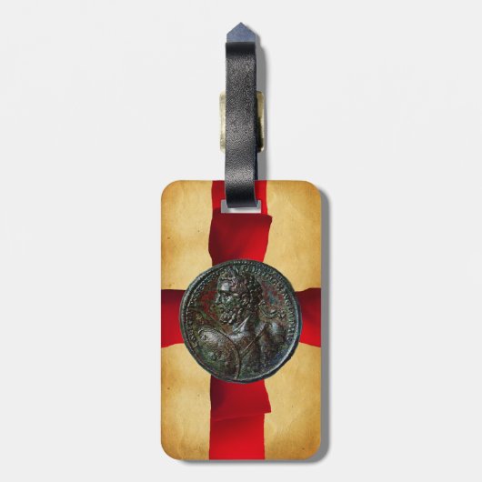 Étiquette À Bagage ANTIQUE ROMAN BRONZE MEDALLION Rouge Ruban (Dos Vertical)
