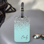 Étiquette À Bagage Aqua bleu Turquoise Parties scintillant argent Mon<br><div class="desc">Parties scintillant en argent Turquoise Aqua Bleu Nom du monogramme Sac à bagages Balise. Cela rend le cadeau parfait pour 16 ans,  mariage,  douche nuptiale,  baby shower ou bachelorette pour quelqu'un voyageant dans le style.</div>