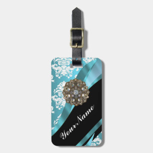 Étiquette À Bagage Aqua & damas blanc avec gemme de faux cristal