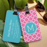 Étiquette À Bagage Aqua Hot rose Quatrefoil Motif Personnalisé Monogr<br><div class="desc">Un design graphique et audacieux en quatrefoil aux couleurs fraîches et joyeuses. Si vous devez ajuster les monogrammes,  cliquez sur le bouton customiser et apporter des modifications.</div>