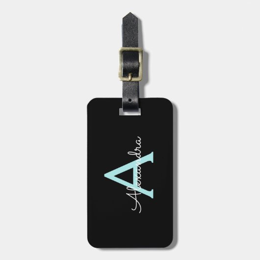 Étiquette À Bagage Aqua Teal Blue Script Girly Monogram (Devant Vertical)
