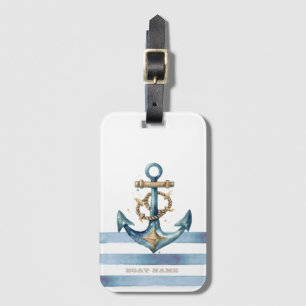 Étiquette À Bagage Aquarelle Ancre Nautione Légèrement Bleue à Rayure