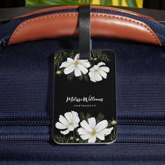 Étiquette À Bagage Aquarelle Blanc Cosmos Fleurs Peinture Botanique (Verso Insitu 4)