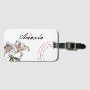 Étiquette À Bagage Aquarelle Blanc et rose Lily Chic Monogramme