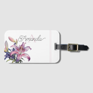 Étiquette À Bagage Aquarelle blanche et rose Lily monogramme