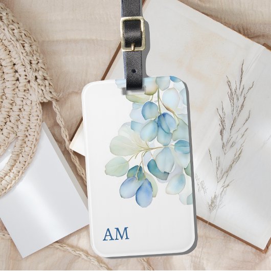 Étiquette À Bagage Aquarelle Bleu Botanique Hydrangée Monogramme