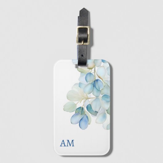 Étiquette À Bagage Aquarelle Bleu Botanique Hydrangée Monogramme (Devant Vertical)