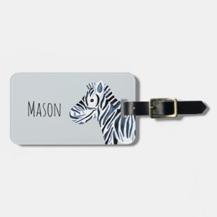 Étiquette À Bagage Aquarelle bleu du garçon Zebra Safari et nom des e