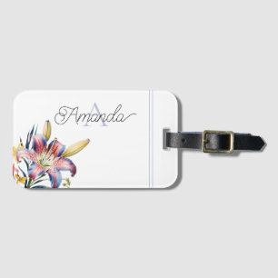Étiquette À Bagage Aquarelle Bleu et Lys rose Monogramme