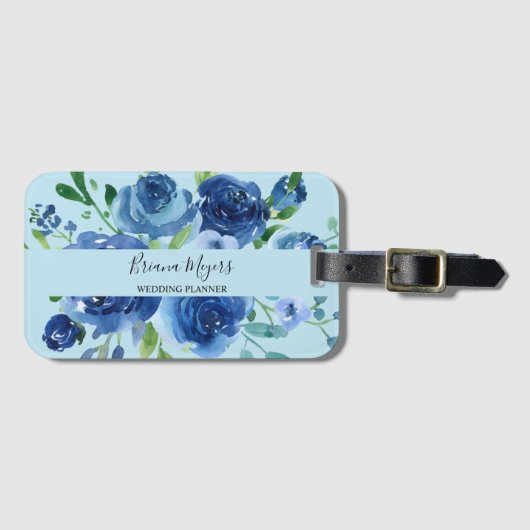 Étiquette À Bagage Aquarelle bleu marine Script floral moderne (Devant Horizontal)