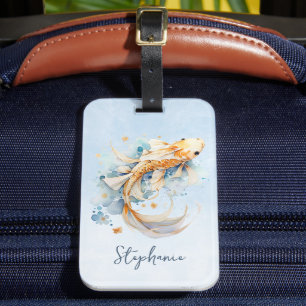 Étiquette À Bagage Aquarelle bleu or Koi poisson personnalisé