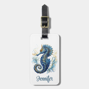 Étiquette À Bagage Aquarelle bleu sehorse design