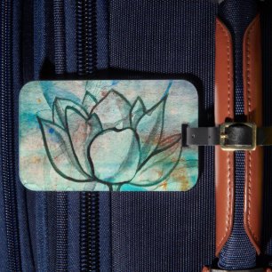 Étiquette À Bagage Aquarelle bleu turquoise Fleur élégant Artsy Lotus