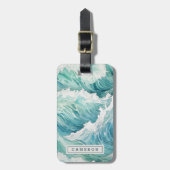 Étiquette À Bagage Aquarelle bleu vagues nom personnalisé (Devant Vertical)