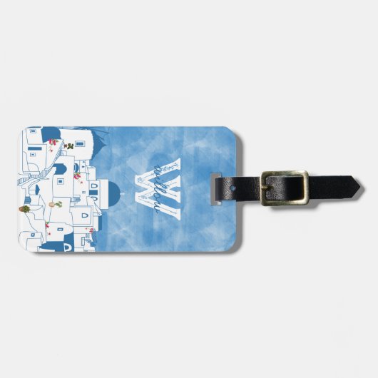 Étiquette À Bagage Aquarelle bleue et blanche Santorin Grèce Monogram (Devant horizontal)