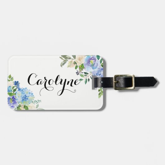 Étiquette À Bagage Aquarelle Blue Hydrangeas Floral Personnalisé (Devant horizontal)