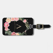 Étiquette À Bagage Aquarelle Boho Floral sur noir | Monogramme chic (Devant horizontal)