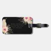 Étiquette À Bagage Aquarelle Boho Floral sur noir | Monogramme chic (Dos horizontal)