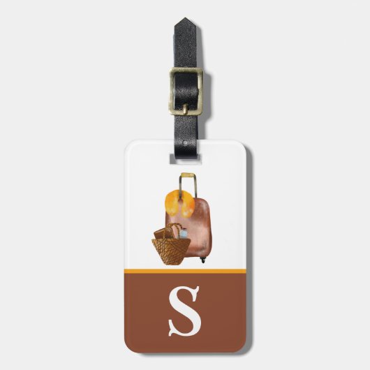 Étiquette À Bagage Aquarelle, Brown, initiale de l'enfant jaune (Devant Vertical)