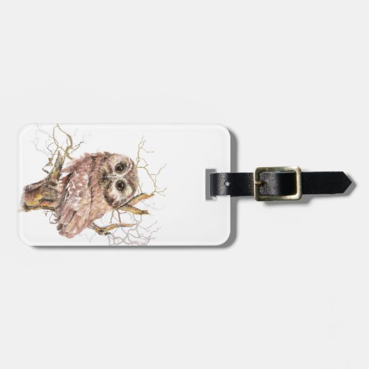 Étiquette À Bagage Aquarelle Cute Saw Whet Owen, Bird (Devant horizontal)