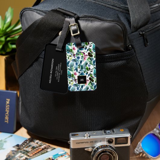 Étiquette À Bagage Aquarelle fleurs noir or monogramme (Recto & Verso)