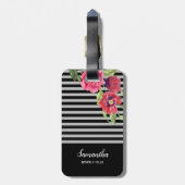 Étiquette À Bagage Aquarelle Fleurs rouges et roses Gris noir (Dos Vertical)